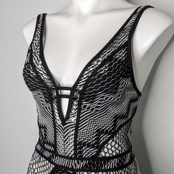 Becca black white mesh semi sheer low cut one piece swimsuit M - Picture 2 of 13